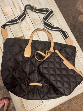 Anne Klein Quilted Black Handbag with Tan Trim and Strap - Women’s Bag